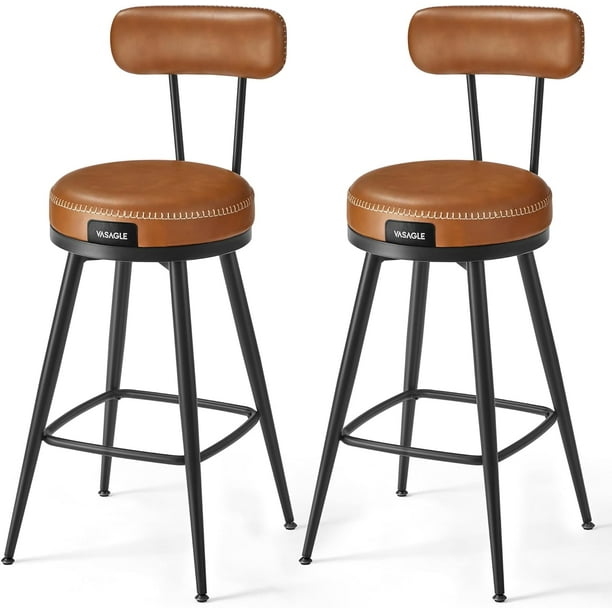 VASAGLE EKHO Collection - Juego de 2 taburetes de Bar giratorios con Altura de mostrador con Espalda, Piel sintético con Costura, Moderno de Mediados de Siglo, taburetes de Bar de 25.6 Pulgadas de