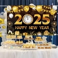 thumbnail image 1 of Fondo de feliz año nuevo en negro y dorado Fiesta de cuenta regresiva 2025 Globos dorados con purpurina Fuegos artificiales Fondo de fotografía, 1 of 5