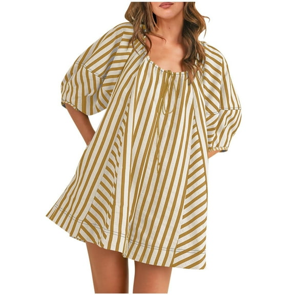 Lenpel Rompers for Women Summer Striped Lantern Half Sleeve V Neck Tie Front Oversized Jumpsuits Casual Loose Overall Shorts