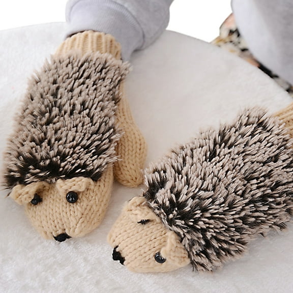 Milue 1 Pair Women Hedgehog Gloves Winter Cute Aniaml Knit Windproof Thermal Mittens