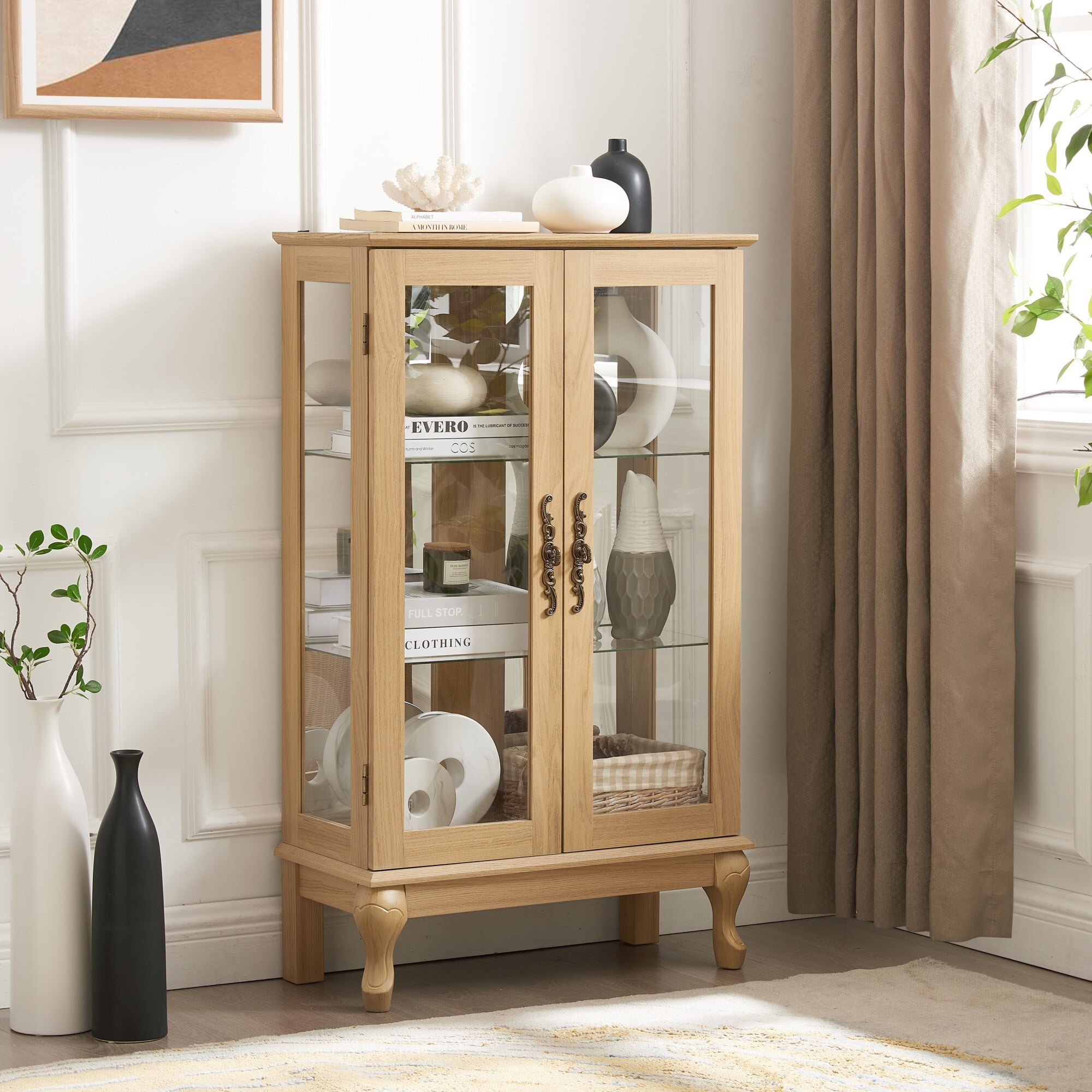 AENKYO Retro Glass Curio Cabinet with Light Bulb & Adjustable Shelves, Small Vintage Home Decor Display Case, Oak