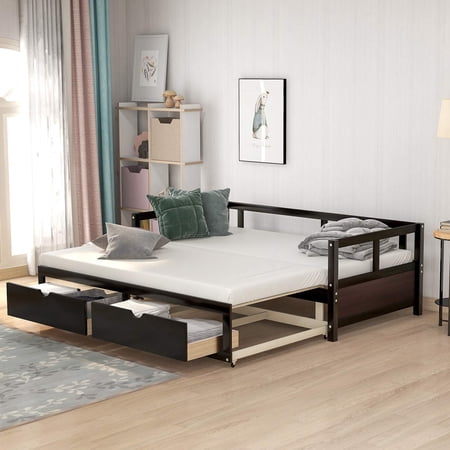 TBWYF Wooden Daybed with Pop Up Trundle and Two Storage Drawers  Extendable Sofa Bed for Bedroom Espresso