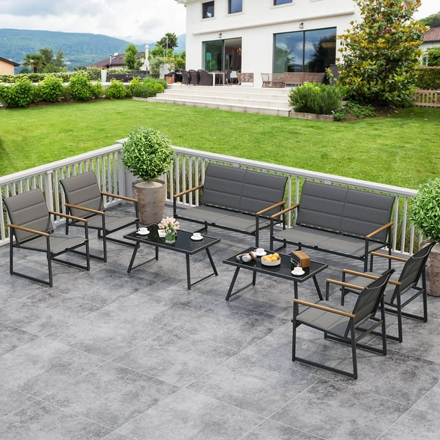 Costway 8 PCS Patio Furniture Setwith Padded Fabric Seat & Wood-Plastic Armrests Table
