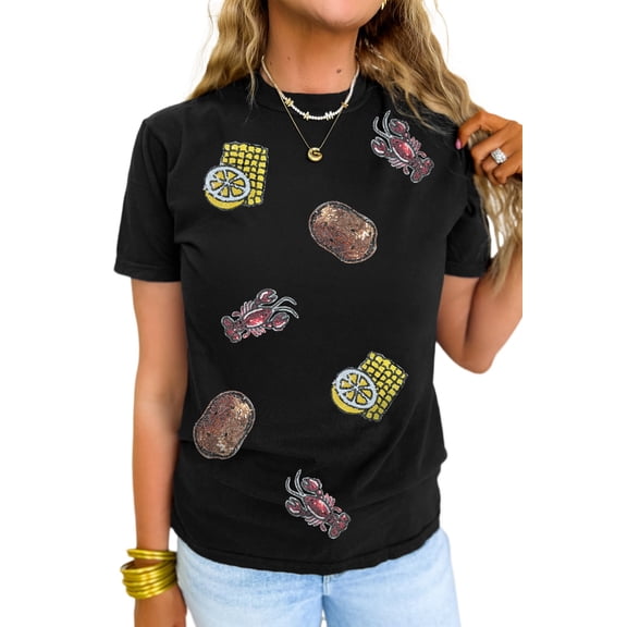 Women's Black Sequin Crawfish Potato Lemon Corn Graphic Crewneck T-Shirt | [ZhiHiMeRi] | (US 20-22)2XL