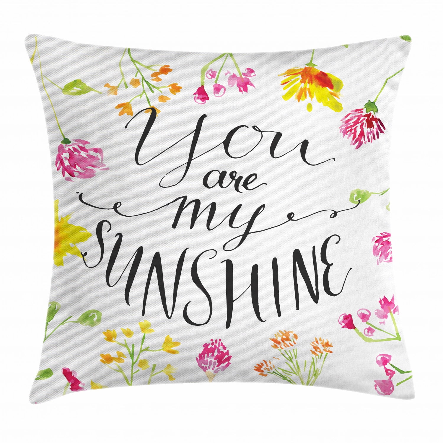 Quote Throw Pillow Cushion Cover, Modern Loving You are My Sunshine Calligraphy with Swirls and