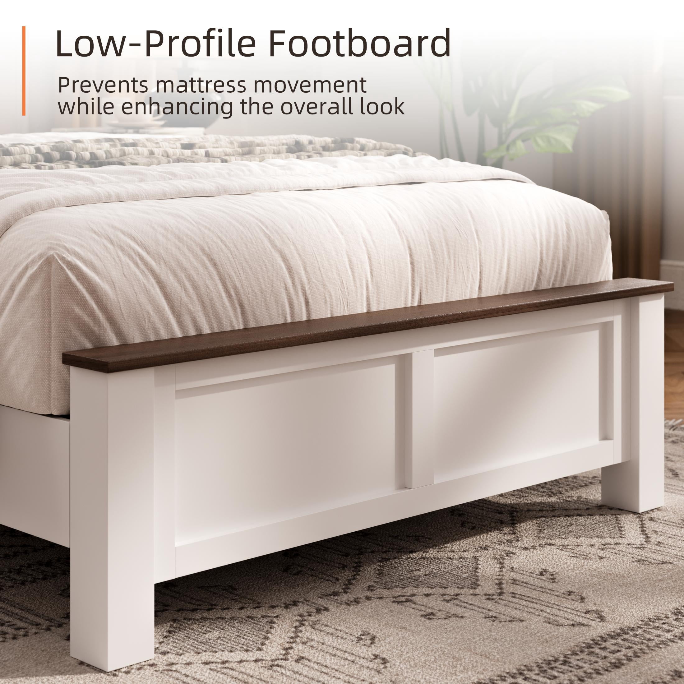 PAPROOS Twin Bed Frame with Charging Station and LED Light, Twin Size wood Platform Bed with Headboard and Footboard, No Box Spring Needed, White&Brown
