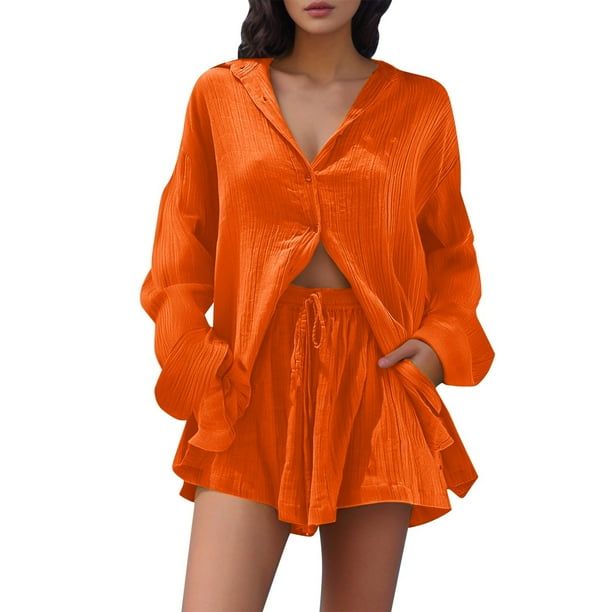 Conjunto de camisa de manga larga lisa y pantalones cortos para mujer: ropa informal de playa, cintura elástica, tallas S-XXL, contorno de pecho 130-146 cm