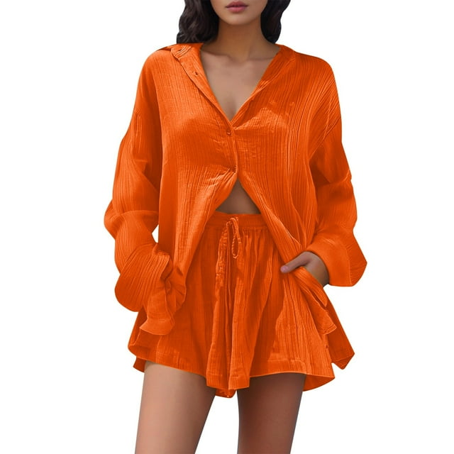 Conjunto de camisa de manga larga lisa y pantalones cortos para mujer: ropa informal de playa, cintura elástica, tallas S-XXL, contorno de pecho 130-146 cm