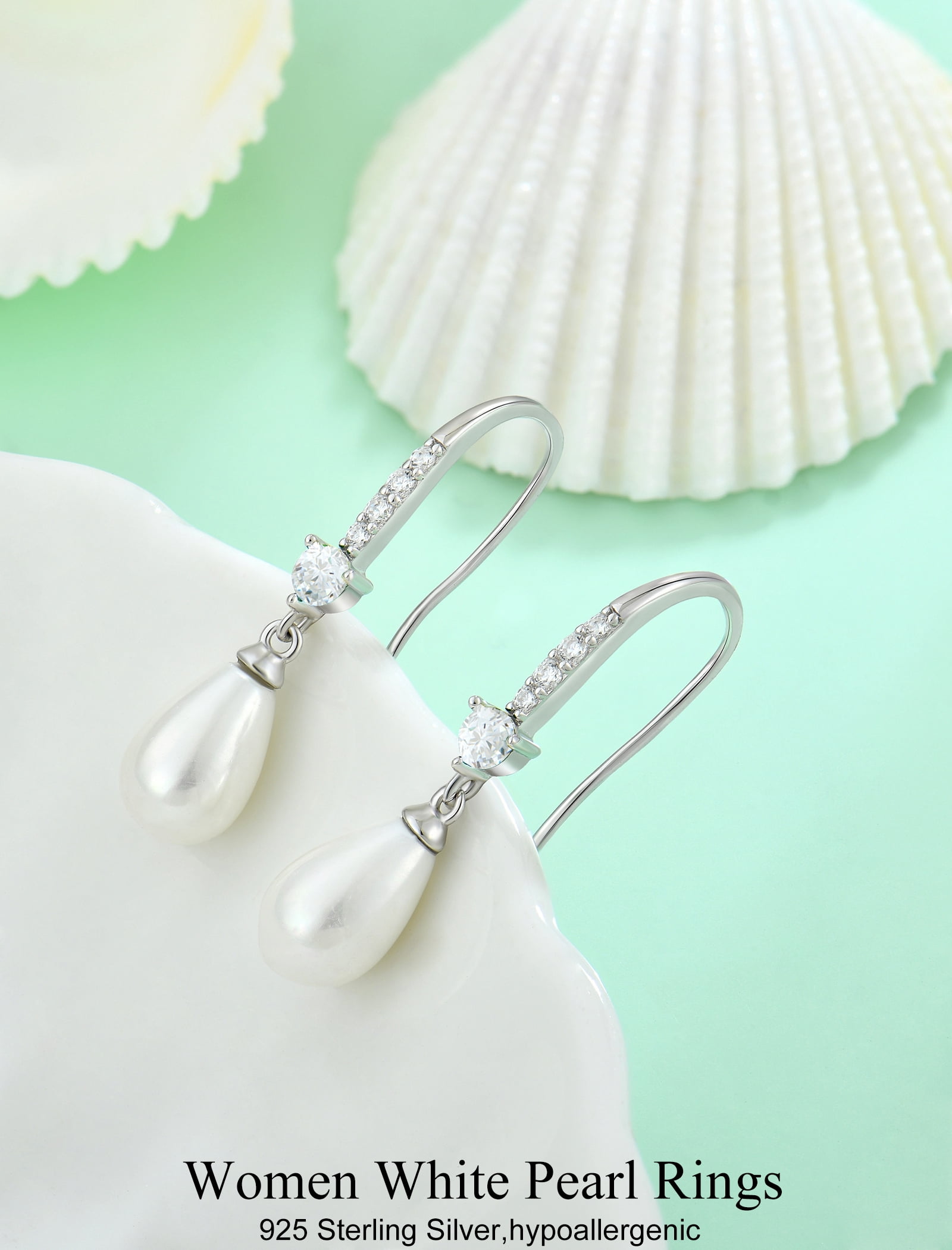 VESITIM Pearl Dangle Drop Earrings 925 Sterling Silver Shell Pearls Hook Earring for Women April Cubic Zirconia Birthstone Jewelry Gift