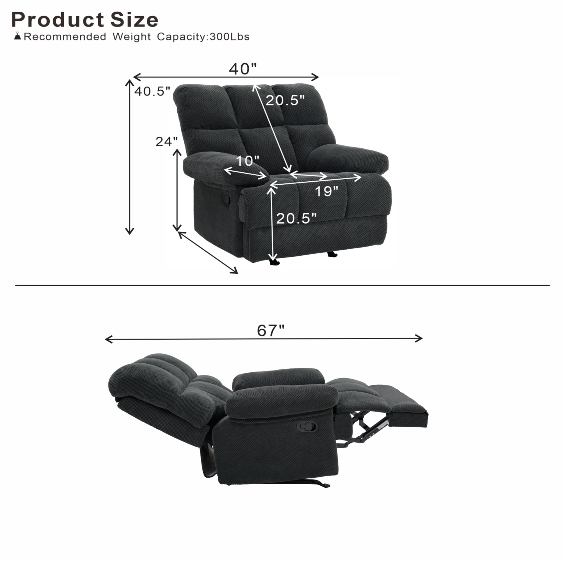 Noble House Modern Manual Rocker Recliner Chair with Nubby Upholstery Fabric, Padded Arms, Dark Gray