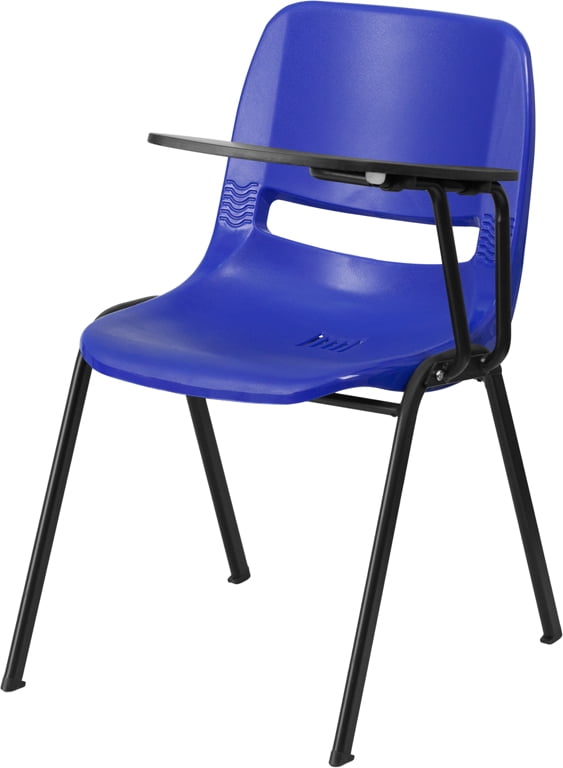 BLUE ERGONOMIC SHELL CHAIR WITH LEFT HANDED FLIP-UP TABLET ARM 