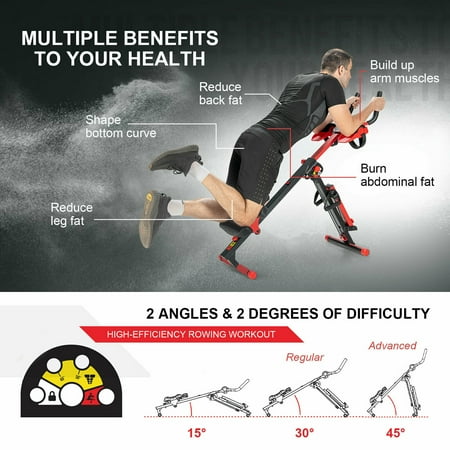 Costway - 4 in 1 Folding Rowing Machine AB Crunch Workout Machine with Control Panel Home Gym - Black/Red