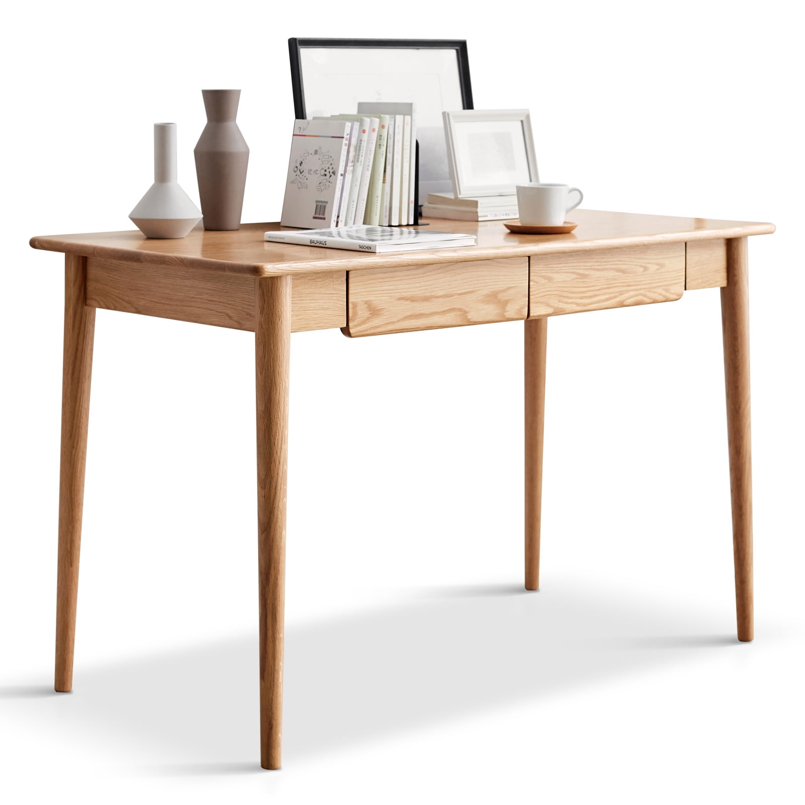 Modern Solid Wood Table with a Storage Drawer, Oak Grain Finish Writing Desk, Slim Computer Desk for Home, Office, Reading Room and Living Room
