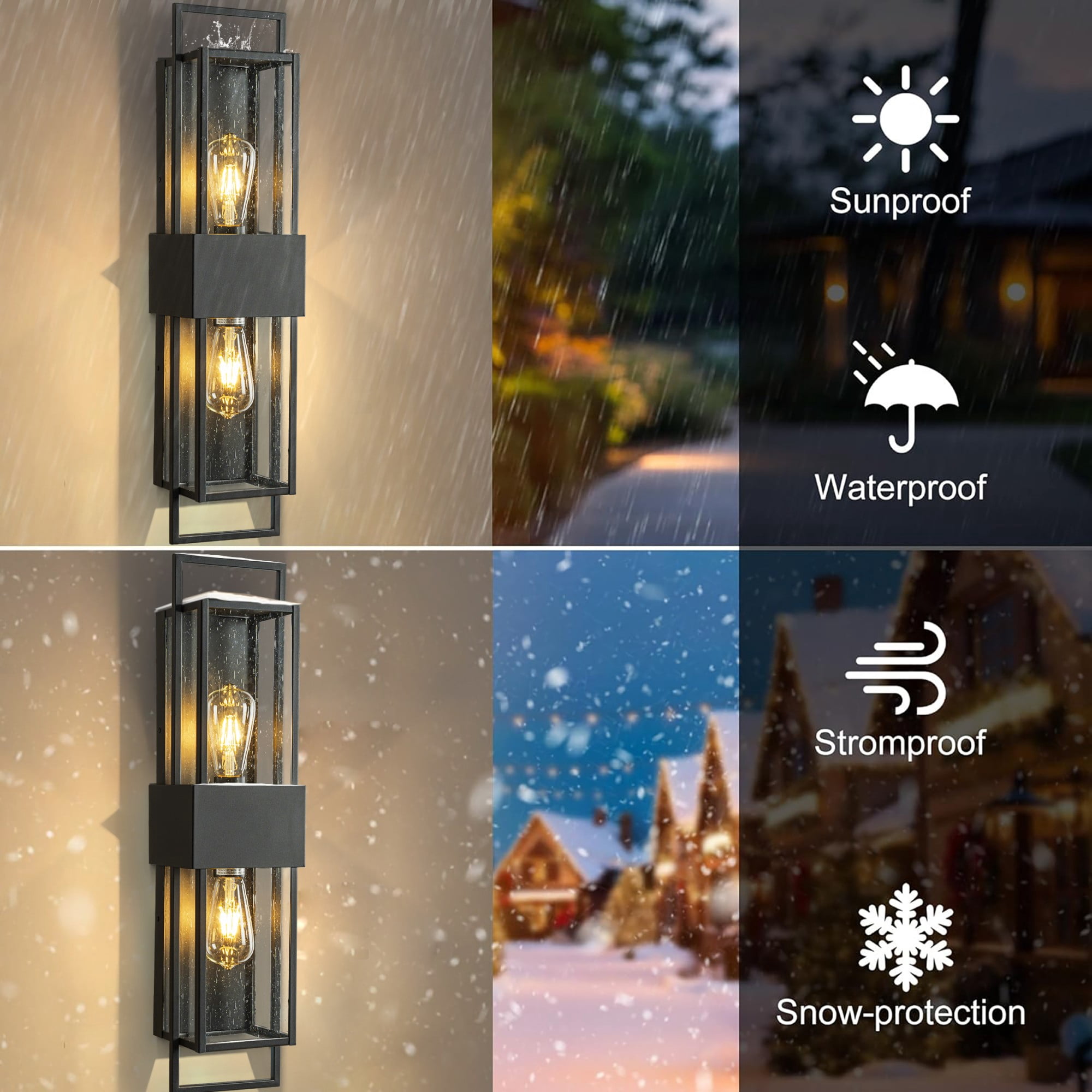 Modern Outdoor Wall Light with Dusk to Dawn Sensor H26'' Black Exterior Wall Lantern with Seeded Glass 2-Light Waterproof Sconce for Porch Garage Entryway Bulbs Not Included