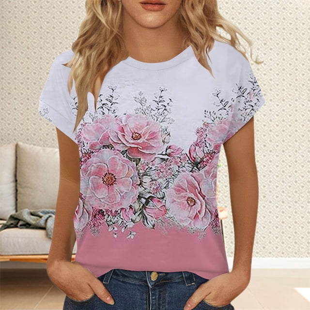 YLHFASHION Hauts d'Été pour Femmes T-Shirts à Manches Courtes Col Rond Mignon Tendance Tuniques Blouses Rabais de 50 % Liquidation T-shirt à Manches Courtes pour Femmes