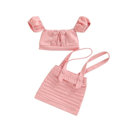 

Nokpsedcb Little Girls 2Pcs Skirt Outfits Short Sleeve Off-Shoulder Crop Camisole + Adjustable Suspender Skirt Pink 3-4 Years