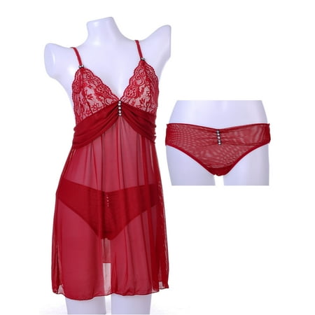 Long Negligee - S/M Fit Vixen Red Lace Mesh Sheer Rhinestone Accented Negligee w Panty