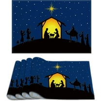 Linen Blue Christmas Nativity Placemats Holy Nativity Table Mats Religious Scene Christmas Nativity Decorations and Supplies for Home Table-12×18''''
