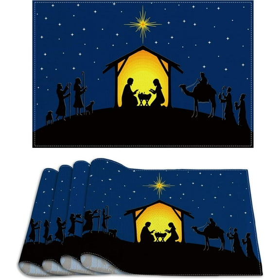 Linen Blue Christmas Nativity Placemats Holy Nativity Table Mats Religious Scene Christmas Nativity Decorations and Supplies for Home Table-12×18''''