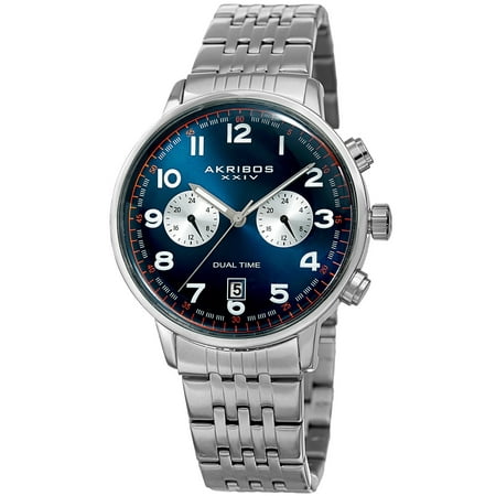 Men's Akribos XXIV AK942BU Blue Two Time Zone Domed Crystal Bracelet Watch