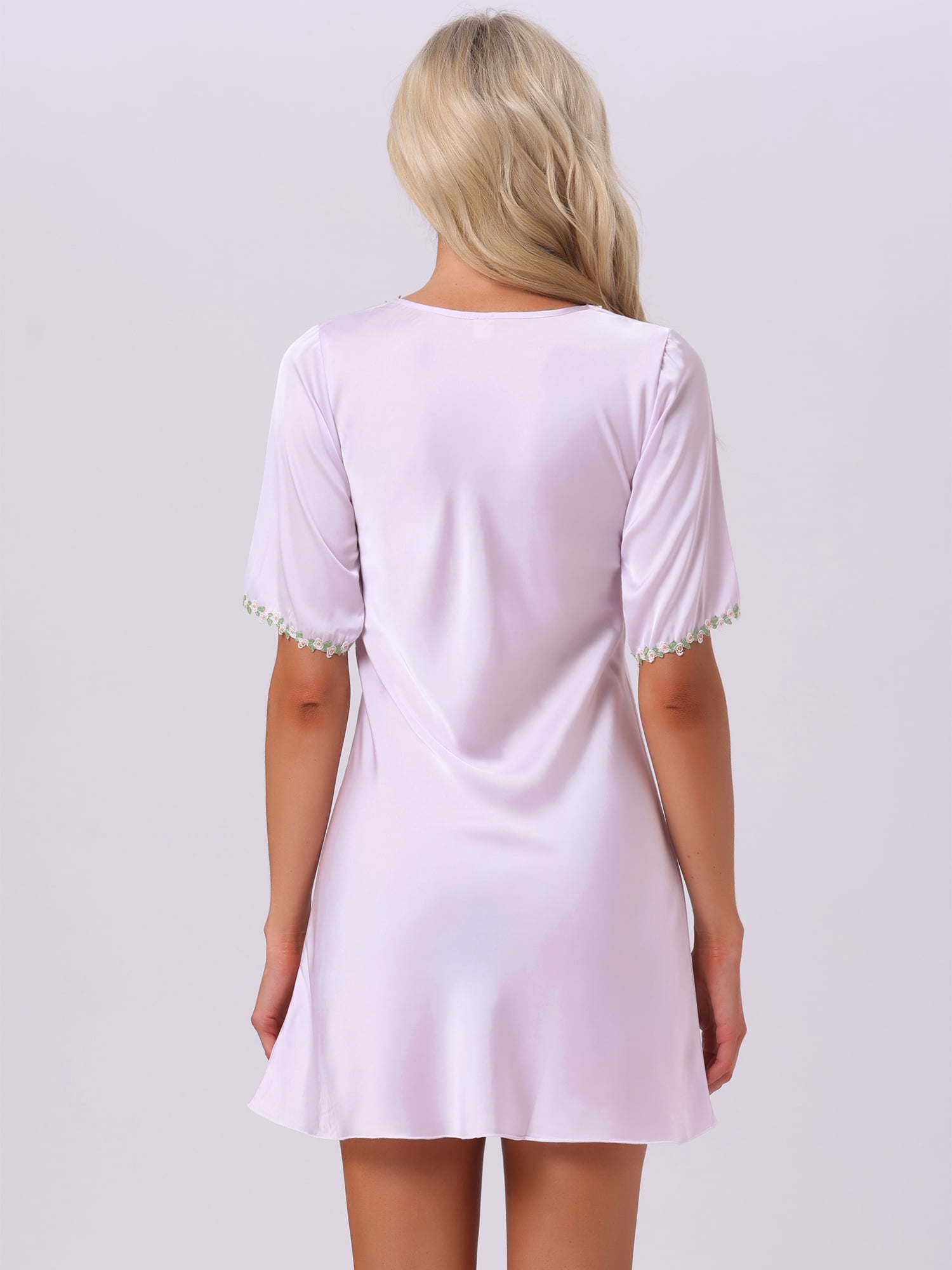 DARING DIVA Women's Floral Satin A-line V Neck Short Sleeve Sleepdress S Purple