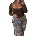 thumbnail image 3 of Womens Square Neck T Shirts Long Sleeve Short Sleeve Tops Fitted Tees Brown L, 3 of 8