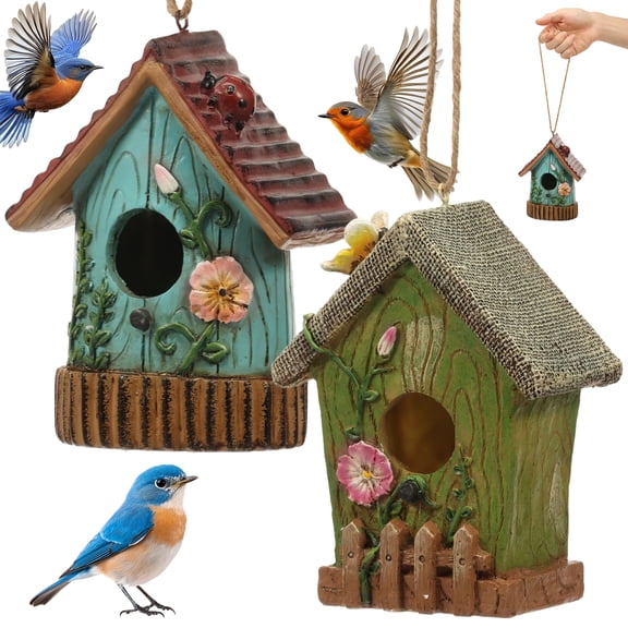 Threns 2Pcs Bird Houses for Outside, Cottage Style Hanging Birdhouse with Flower Accents, Hand Painted Resin Decorative Birdhouses for Bluebird Finches Cardinals Bird Nesting Garden, Patio, Yard