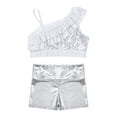 thumbnail image 4 of Doomiva Kids Girls Sequin Ruffle Crop Top with Shorts Set Sport Workout Gymnastics Dance Outfit Tracksuit Silver 6, 4 of 7
