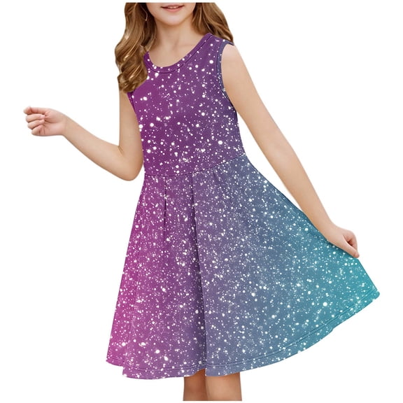 JUSLIO Girls Sequin Dress Print Crew Neck Sleeveless Casual Dresses Size 3 Y