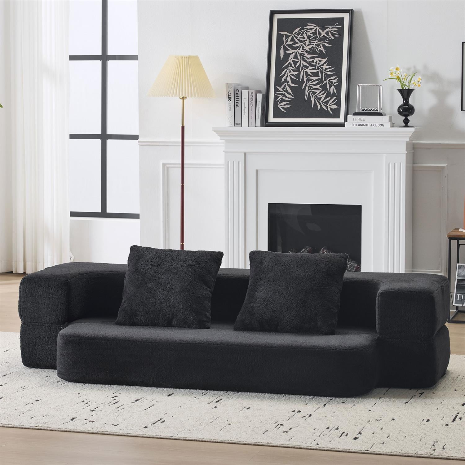 Demi Bonn Versatile 3-in-1 Sectional Sofa with Ottomans, Cozy Foam Fold-Out Bed, Space-Saving Chenille Lounger for Small Apartments & Home Offices, Black