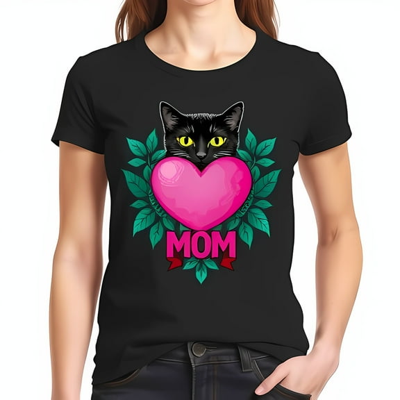 Black Cat with Yellow Eyes & Pink Heart T-Shirt for Cat-Loving Moms - Perfect Mother's Day Gift