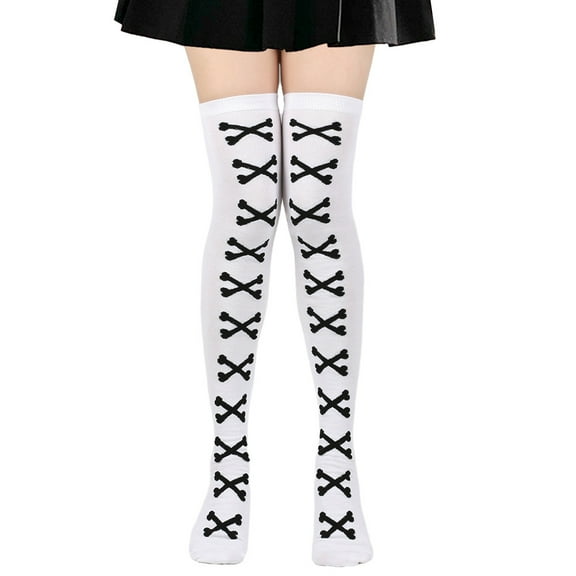 Namzi 3 pairs Halloween Thigh High Long Stockings Over Knee Stockings Cosplay Festival Socks ，White and Black bone