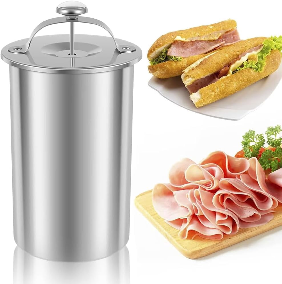 2026 Upgrade Stainless Steel Deli Meat Press with Thermometer Spring, Meat Press Mold for Deli Meats Homemade Ham Maker Lunch Meats Presss for Healthy Home Cooking (Fixed Handle)
