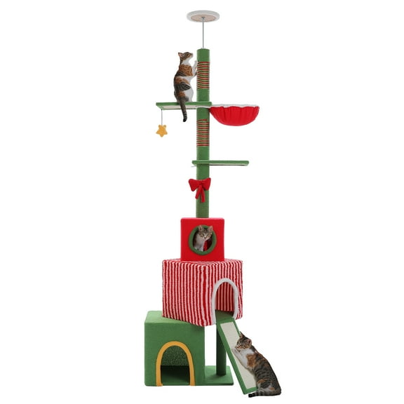 PEQULTI 83-109" Christmas Cat Tree Floor to Ceiling Cat Tower with Thick Scratching Posts Indoor Red