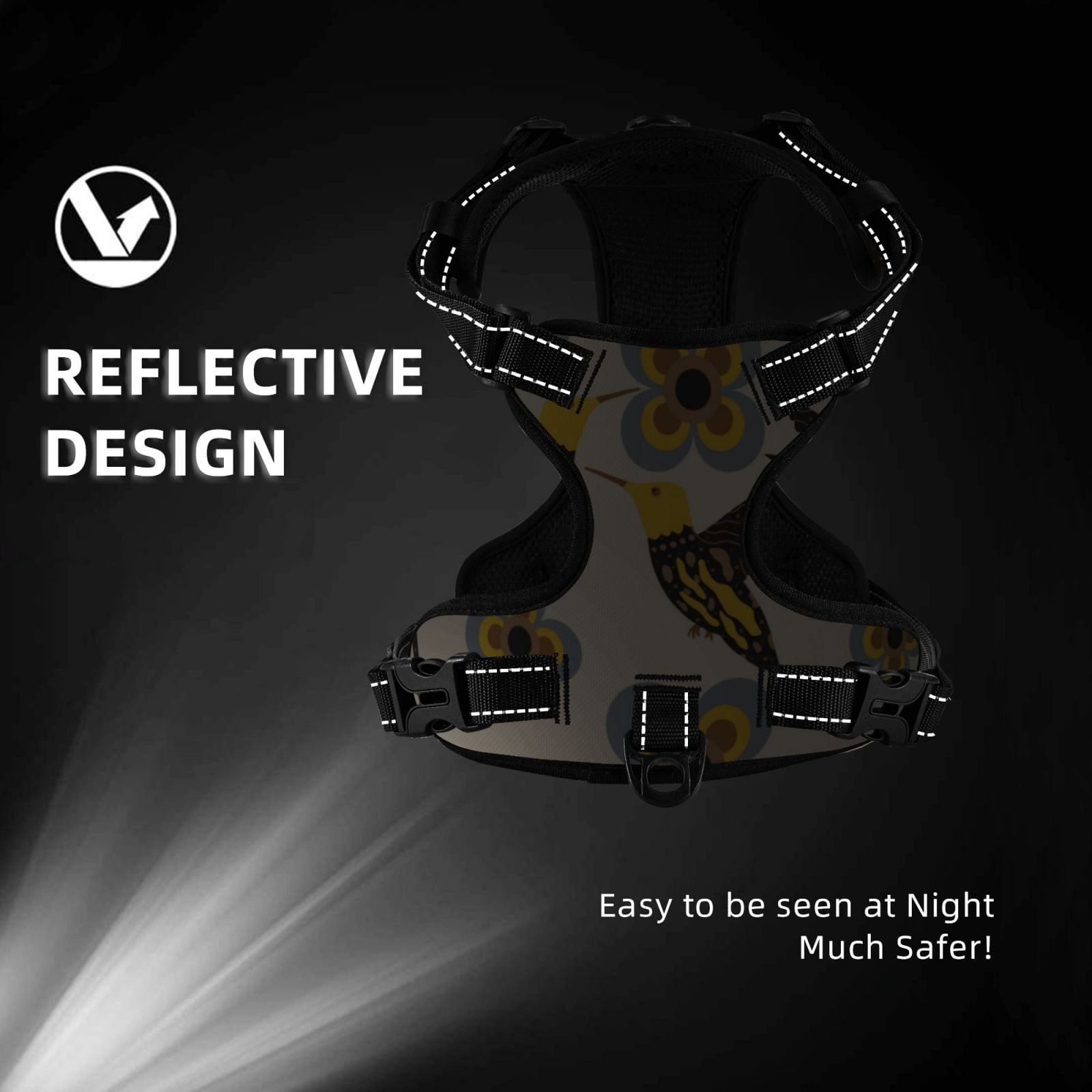 Kdxio Yellow Flowers Hummingbird Print No Pull Dog Harness Adjustable Reflective Oxford Easy Control Medium Large Dog Harness for Training and Everyday-X-Large