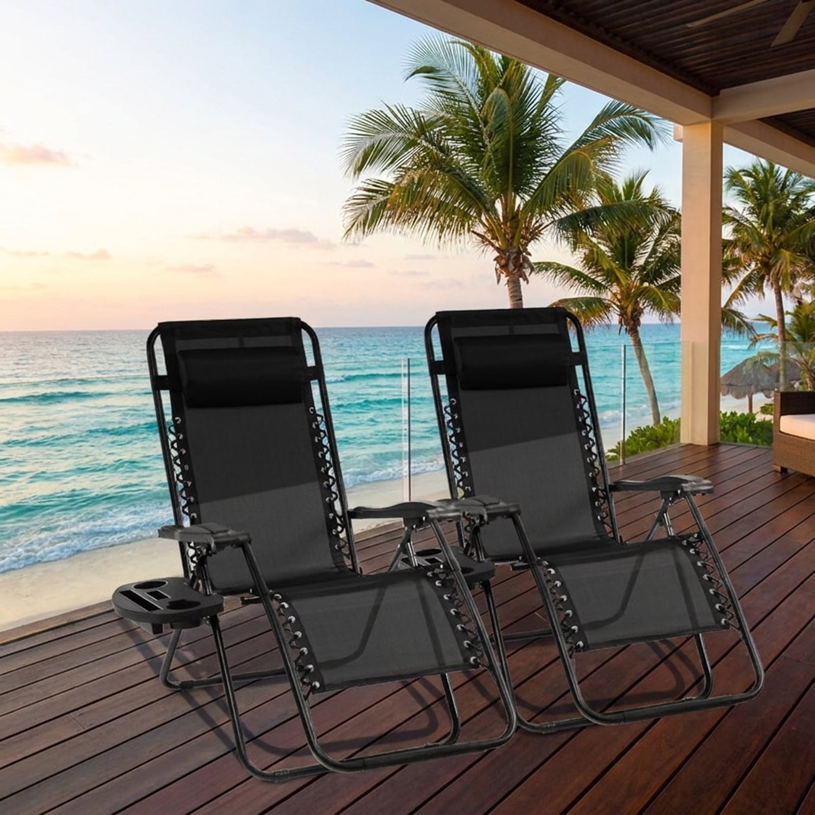 Furnibear Outdoor Folding Zero Gravity Reclining Lounge Chair with Removable Cup Holder Tray Detachable Headrest Steel and Aluminum Frame and 350 lb Capacity, Black