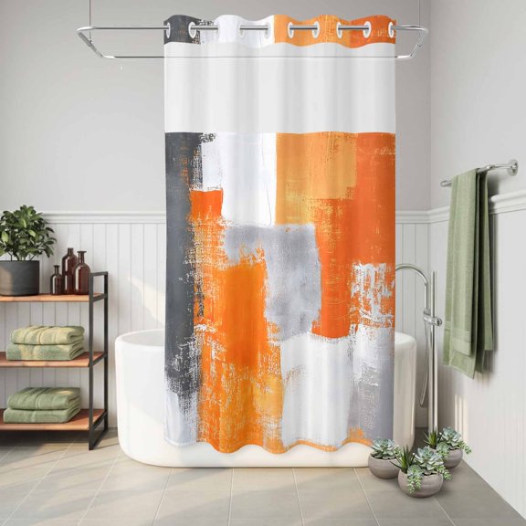No Hook Shower Curtain Orange Gray Waterproof Fabric Shower Curtain Abstract Style Hotel Style Bathroom Curtain with See Through Top Window Machine Washable 36x72in