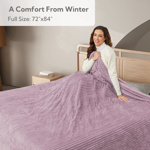 SUNNY HEAT Heated Electric Blanket Ribbed Flannel 72"x84" Full Size - 10 Heating Settings & 2/4/6/8/10/12 Hours Auto off, Washable - Purple
