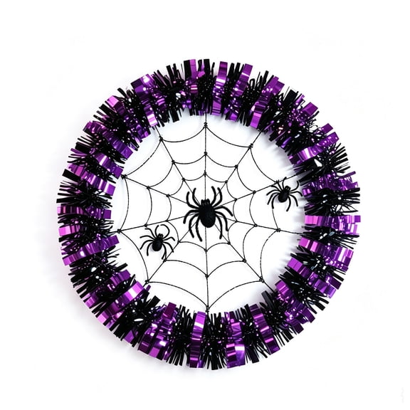 Halloween Wreaths for Front Door, Purple Black Tinsel Wreath with Spider Web & Spider Ornaments Front Door Hanging Decor for Party Home Porch