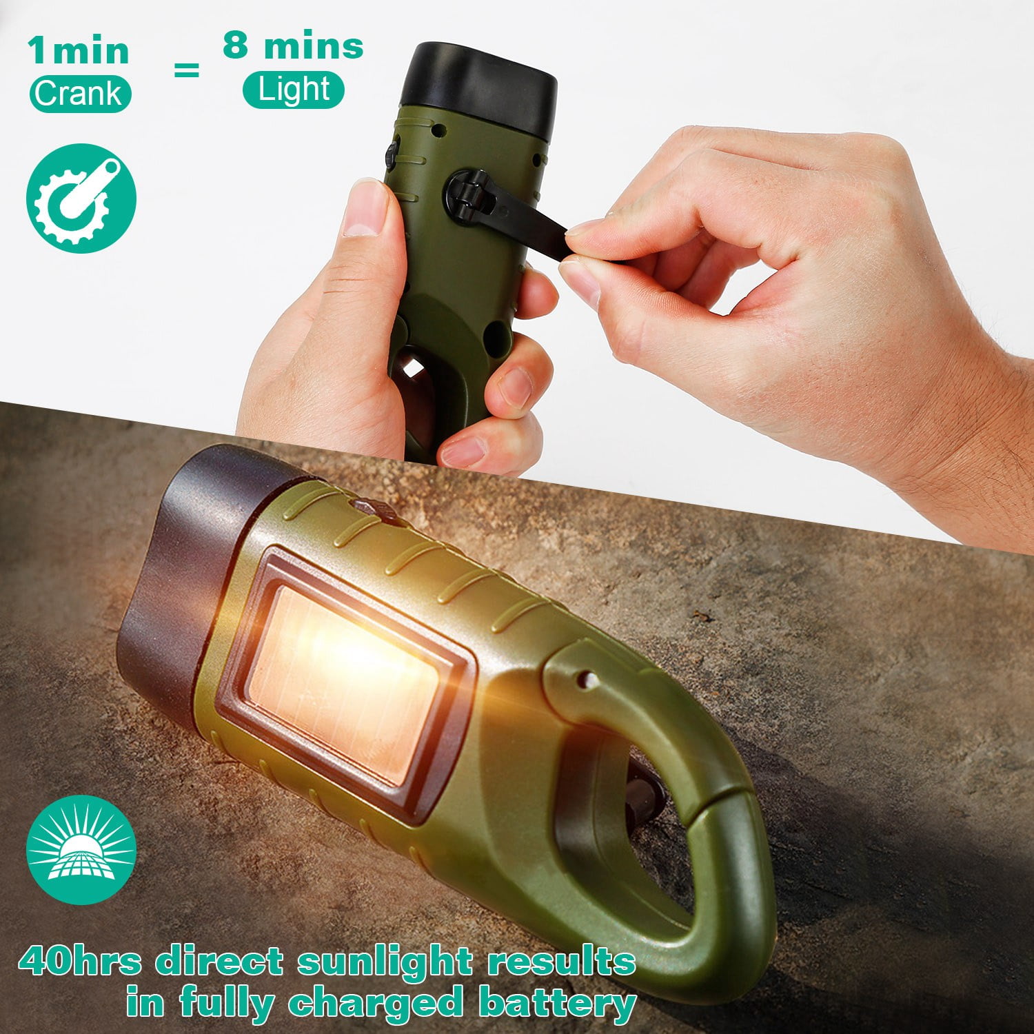 iMountek 2 Packs Hand Crank Solar Powered Flashlight 3 LED Emergency Light  Solar Torch Hand Crank Flashlight for Camping Climbing Outdoor Activity 