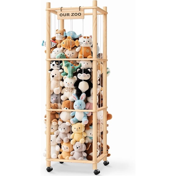54" Extra Large Stuffed Animal Storage Zoo Organizer w/Wheels – Plush Toy Holder for Kids' Room, Wood