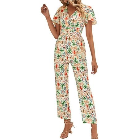 

Womens Jumpsuits Casual V Neck Belted Short Sleeve Loose Printed Overalls Beige XL