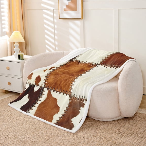 Brown Cow Print Throw Blanket for Bedroom,Cattle Highland Cow Cowhide Blanket,Wildlife Rustic Farmhouse Animals Skin 50"x60" Fleece Blanket,Western Cowboy Bohemian Retro Patchwork Sherpa Blanket