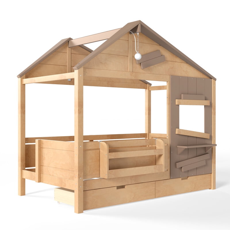 Twin House-Shaped Kid's Bed with Built-in Bookshelf & Light Bulb, Wooden Platform Bed Frame with 2 Drawers & 5 Round Hooks