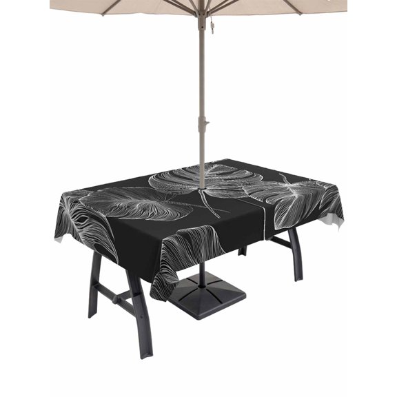 Outdoor Tablecloth with Umbrella Hole for Patio/Picnic/Party/Camping, Monstera Leaf Waterproof Table Cloth Rectangle Table Cover Washable, Modern Tropical Plants Minimalism (52"x 70")