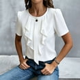 thumbnail image 4 of WAGUTH Women's Elegant Ruffle Front Blouses Short Sleeve Round Neck Solid Color Tops for Casual & Office Business Wear,White,XXL, 4 of 7