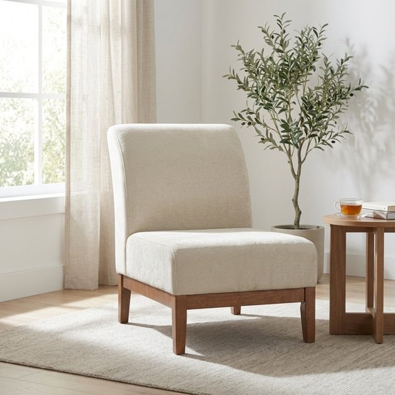 Modern Beige Fabric Accent Chair with Walnut Finish Frame