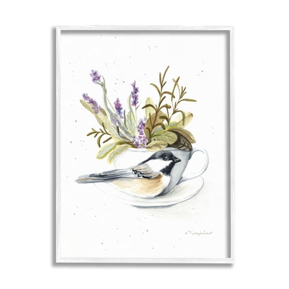 Stupell Industries Bird & Floral Teacup Animals & Insects Painting White Framed Art Print Wall Art, 11 x 14