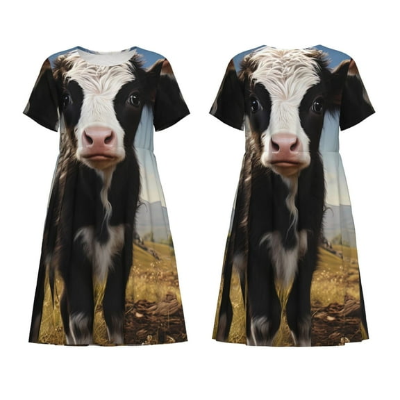 Horeoi Cute Prairie Cow Print Women's Short Sleeve Dress Breathable Polyester-Spandex All-Over Print A-Line Side Pockets Elastic Waist