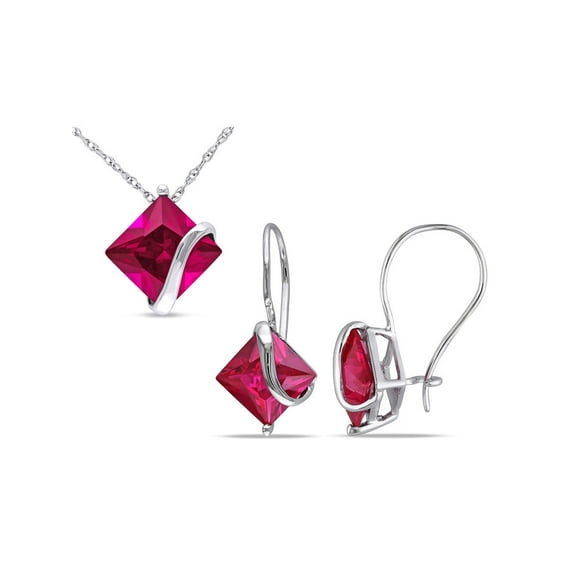7.28 Carat (Ctw) Lab Created Ruby Earrings and Pendant Necklace Set in 10K White Gold for Women